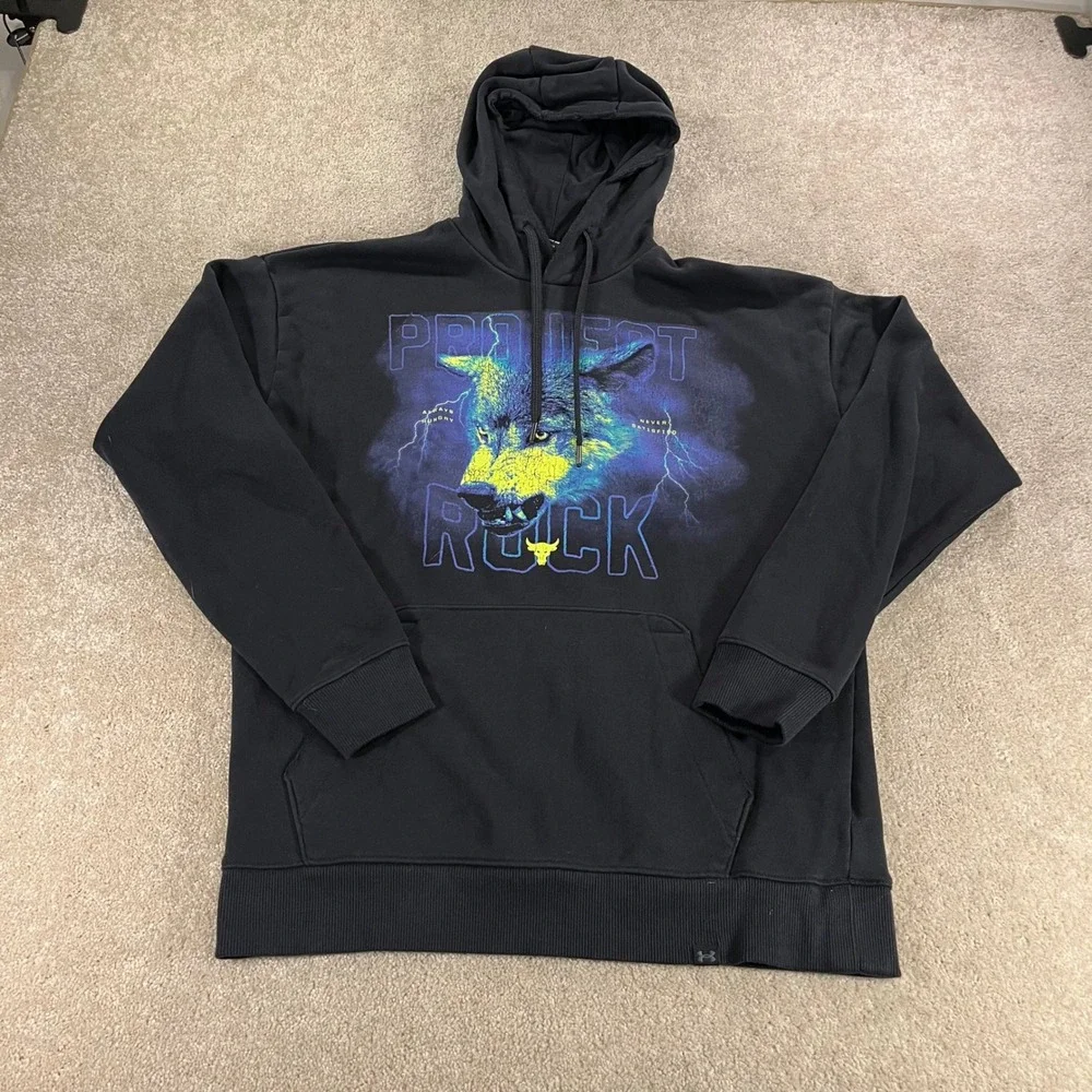 Under Armour Project Rock Hoodie Mens Medium Black Wolf Graphic Condition